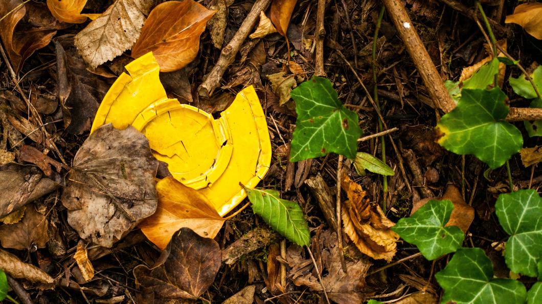 Foto van een plastic beker, half verborgen onder een berg bladeren